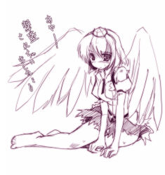 Rule 34 | 1girl, arm support, barefoot, blush, female focus, full body, hat, legs, looking at viewer, monochrome, purple theme, seo tatsuya, shameimaru aya, simple background, sketch, solo, tokin hat, torn clothes, touhou, untied, wings