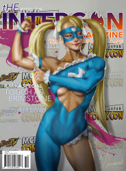 Rule 34 | 1girl, alternate costume, biceps, breasts, capcom, clothing cutout, cover, domino mask, flexing, heart, heart cutout, highres, image sample, large breasts, magazine cover, mask, muhammed ansar ali, muscular, muscular female, rainbow mika, smile, solo, street fighter, street fighter v, toned, twintails, wrestling outfit