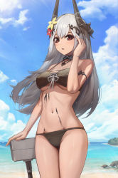 Rule 34 | 1girl, arknights, arm strap, beach, bikini, bird, black bikini, black collar, blue sky, cloud, cloudy sky, collar, cowboy shot, day, demon horns, flower, grey hair, groin, hair flower, hair ornament, hand up, highres, horns, infection monitor (arknights), jewelry, long hair, looking at viewer, material growth, mudrock (arknights), navel, necklace, ocean, ola (bunnyfly), oripathy lesion (arknights), outdoors, red eyes, red flower, rock, sand, seagull, sky, solo, sunlight, swimsuit, water, yellow flower