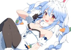 Rule 34 | 1girl, animal ears, black pantyhose, blue hair, bow, braid, breasts, carrot hair ornament, cleavage, commentary request, detached sleeves, don-chan (usada pekora), dress, dutch angle, food-themed hair ornament, hair bow, hair ornament, highres, hololive, ikanyoikanikan, knees together feet apart, medium breasts, open mouth, orange eyes, pantyhose, rabbit-shaped pupils, rabbit ears, rabbit girl, smile, solo, strapless, strapless dress, symbol-shaped pupils, thick eyebrows, twin braids, usada pekora, v, virtual youtuber, white dress, white hair
