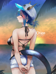 Rule 34 | 1girl, absurdres, arknights, arms behind back, artist name, baseball cap, beach, bikini, black bikini, blue hair, breasts, ch&#039;en (arknights), ch&#039;en the holungday (arknights), character name, commission, copyright name, dragon horns, dragon tail, from behind, hat, highres, horns, horns through headwear, kojima (blue stardust), large breasts, looking back, ocean, pixiv commission, red eyes, shorts, sunset, swimsuit, tail