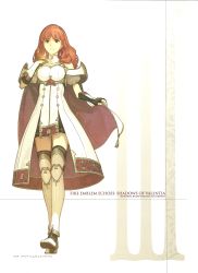 Rule 34 | 1girl, armor, cape, celica (fire emblem), dress, earrings, fingerless gloves, fire emblem, fire emblem echoes: shadows of valentia, full body, gloves, hidari (left side), highres, jewelry, long hair, nintendo, non-web source, official art, red armor, red eyes, red hair, simple background, solo, thighhighs, white armor