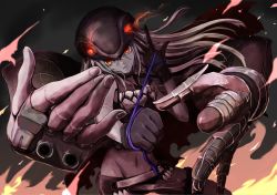 Rule 34 | 10s, 1girl, abyssal ship, bad id, bad pixiv id, black gloves, blue ribbon, boushi-ya, clenched hand, destroyer water oni, extra arms, fangs, fire, gloves, glowing, glowing eyes, groin, headgear, kantai collection, long hair, looking at viewer, midriff, navel, pale skin, red eyes, ribbon, sleeveless, solo, torn clothes, weapon, white hair
