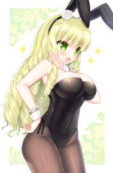 Rule 34 | 1girl, :d, animal ears, black hairband, black leotard, blush, breasts, brown pantyhose, cameltoe, cleavage, commission, copyright request, covered navel, drill hair, green eyes, green hair, hairband, hand on own hip, hand up, highres, large breasts, leotard, long hair, open mouth, pantyhose, playboy bunny, rabbit ears, shikito (yawa0w0), skeb commission, smile, solo, sparkle, strapless, strapless leotard, v-shaped eyebrows, very long hair, white background, wrist cuffs