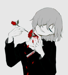 Rule 34 | 1boy, absurdres, avogado6, black shirt, blood, blood on clothes, blood on hands, bloody weapon, decapitation, closed eyes, facing viewer, flower, grey hair, hand up, head tilt, highres, holding, holding flower, male focus, medium hair, mole, mole under mouth, original, razor, red flower, red rose, rose, shirt, simple background, smile, solo, suicide, upper body, weapon, white background