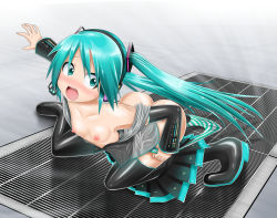 Rule 34 | 00s, 1girl, absurdres, aqua eyes, aqua hair, bad id, bad pixiv id, blush, breasts, detached sleeves, embarrassed, hatsune miku, highres, kazu-chan, matching hair/eyes, nipples, panties, pantyshot, small breasts, solo, squatting, striped clothes, striped panties, surprised, thighhighs, twintails, underwear, vocaloid, wardrobe malfunction