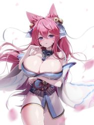 Rule 34 | absurdres, ahri (league of legends), animal ears, arm under breasts, bell, blue eyes, blush, breasts, cleavage, collar, finger to mouth, fox ears, hair bell, hair ornament, hair ribbon, highres, huge breasts, japanese clothes, jeon-eo konoshiro, kimono, large breasts, league of legends, leotard, leotard under clothes, pink hair, ribbon, spirit blossom ahri, thick thighs, thigh gap, thighs, white leotard