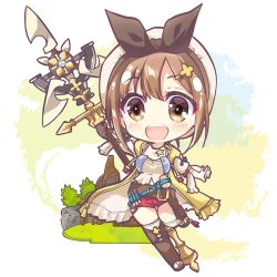 Rule 34 | 1girl, :d, atelier (series), atelier ryza, atelier ryza 1, brown eyes, brown hair, chibi, full body, gunp, hair ornament, hairclip, looking at viewer, open mouth, red shorts, reisalin stout, short hair, shorts, smile, solo, thighhighs, white headwear