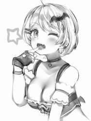 Rule 34 | 1girl, :d, areola slip, bad id, bad twitter id, bat hair ornament, blush, breasts, choker, cleavage, crop top, earrings, fang, fingerless gloves, gloves, greyscale, hair ornament, hand up, hexagram, highres, hololive, jewelry, large breasts, looking at viewer, monochrome, nanashi (nlo), one eye closed, open mouth, short hair, skin fang, smile, solo, star (symbol), star earrings, upper body, virtual youtuber, white background, yozora mel, yozora mel (2nd costume)