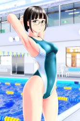 Rule 34 | 1girl, absurdres, armpits, arms behind head, bench, black hair, blunt bangs, brown eyes, competition swimsuit, cowboy shot, glasses, green one-piece swimsuit, highres, indoors, lane line, looking at viewer, multicolored clothes, multicolored swimsuit, one-piece swimsuit, original, pool, short hair, solo, standing, swimsuit, takafumi, two-tone swimsuit