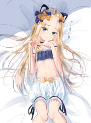 Rule 34 | 1girl, :o, abigail williams (fate), absurdres, animal ear fluff, animal ears, bare shoulders, bed sheet, blonde hair, bloomers, blue bra, blue eyes, blush, bow, bra, breasts, cat ears, commentary request, fate/grand order, fate (series), forehead, hair bow, hands up, head tilt, highres, kemonomimi mode, long hair, lying, navel, on back, orange bow, parted bangs, parted lips, paw pose, purple bow, sakazakinchan, small breasts, solo, translation request, underwear, underwear only, very long hair, white bloomers