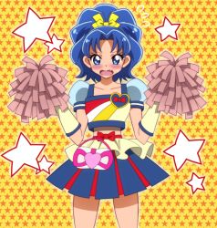 Rule 34 | 10s, 1girl, blue eyes, blue hair, blush, bow, brooch, cheerleader, cure honey (popcorn cheer), fang, flying sweatdrops, hair bow, heart, heart brooch, high ponytail, jewelry, kirakira precure a la mode, looking at viewer, onomekaman, open mouth, pom pom (cheerleading), ponytail, precure, puffy short sleeves, puffy sleeves, short sleeves, skirt, solo, star (symbol), starry background, sweatdrop, tategami aoi, waist bow, yellow bow