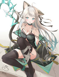 Rule 34 | 1girl, absurdres, ahoge, animal ears, arknights, artist name, bare shoulders, barefoot, black ribbon, black thighhighs, blue eyes, blush, breasts, cat ears, cat girl, choker, cleavage, collarbone, dress, hair ribbon, highres, infection monitor (arknights), jacket, knee up, long hair, looking at viewer, lower teeth only, medium breasts, mint (arknights), mint (elite ii) (arknights), open mouth, ribbon, simple background, sitting, solo, tail, tail raised, teeth, thighhighs, thighs, usagi poi, white background
