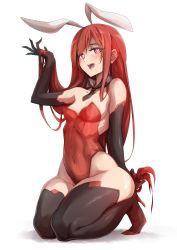 Rule 34 | 1girl, :d, animal ears, bare shoulders, black footwear, black necktie, black thighhighs, blush, boots, breasts, cleavage, covered navel, crimson avenger (elsword), detached collar, elbow gloves, elesis (elsword), elsword, eyelashes, fake animal ears, full body, gloves, groin, heart, heart-shaped pupils, high heel boots, high heels, highres, holding, holding hair, leotard, long hair, looking at viewer, necktie, open mouth, playboy bunny, rabbit ears, red eyes, red hair, simple background, skin tight, small breasts, smile, solo, symbol-shaped pupils, thighhighs, thighs, waero, white background, wide hips