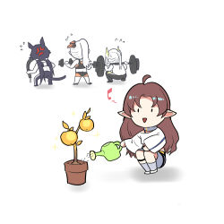 Rule 34 | 1boy, 3girls, :d, ahoge, alternate costume, anger vein, animal ears, arknights, barbell, blaze (arknights), brown hair, chibi, detached collar, dumbbell, exercise, facing away, flying sweatdrops, food, fruit, head wings, hellagur (arknights), holding, holding watering can, horns, humming, long hair, long sleeves, low twintails, midriff, multiple girls, musical note, myrtle (arknights), odd one out, open mouth, pants, plant, ponytail, potted plant, saria (arknights), shorts, simple background, smile, socks, spade-m, sparkle, squatting, standing, sweat, tail, tank top, toned, track pants, twintails, very long hair, watering, watering can, weightlifting, white background, white hair, wings
