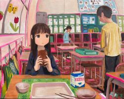 Rule 34 | 1boy, 2girls, bento, black pants, black shirt, blue shirt, bowl, bread, broom, brown eyes, brown hair, chair, chopsticks, classroom, closed mouth, colorful, desk, expressionless, faceless, faceless female, faceless male, food, getabako, highres, holding, holding broom, holding food, indoors, locker, long hair, long sleeves, looking to the side, low ponytail, milk carton, multiple girls, original, pants, sa1bi, school chair, school desk, shirt, shoes, short hair, sitting, solo focus, standing, sweeping, uwabaki, window, yellow shirt
