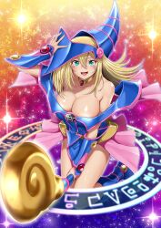 Rule 34 | 1girl, bare shoulders, blonde hair, blue footwear, blue hat, blush, blush stickers, breasts, choker, cleavage, dark magician girl, duel monster, green eyes, hair between eyes, hat, hexagram, highres, holding, holding wand, large breasts, long hair, looking at viewer, multicolored background, muto dt, open mouth, pentacle, pentagram, purple background, red background, smile, solo, sparkle background, staff, wand, wizard hat, yellow background, yu-gi-oh!, yu-gi-oh! duel monsters