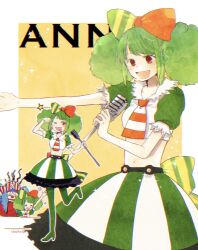 Rule 34 | 1boy, 1girl, ann (one piece), blunt bangs, border, buggy the clown, collared shirt, commentary request, crop top, green hair, green pantyhose, highres, holding, holding microphone, microphone, multicolored ribbon, multiple views, necktie, nekochanko1, one piece, one piece: stampede, open mouth, pantyhose, ribbon, shirt, sidelocks, skirt, smile, standing, standing on one leg, star (symbol), striped clothes, striped necktie, striped skirt, twintails, vertical-striped clothes, vertical-striped skirt, white border