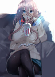 Rule 34 | 1girl, backlighting, bad id, bad pixiv id, bare shoulders, black pantyhose, blue eyes, blue skirt, blurry, blurry background, blurry foreground, blush, book, brand name imitation, breasts, breasts apart, brown hair, brown shirt, bubble tea challenge, closed mouth, commentary request, couch, crossed legs, cup, depth of field, diffraction spikes, disposable cup, drinking, drinking straw, english text, engrish text, go-toubun no hanayome, hair between eyes, headphones, headphones around neck, highres, holding, holding book, large breasts, long hair, looking at viewer, miniskirt, nakano miku, no bra, noto kurumi, off-shoulder shirt, off shoulder, on couch, open book, pantyhose, ranguage, shirt, sitting, sketch, skirt, solo, white background