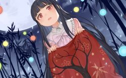 Rule 34 | 1girl, bamboo, bamboo forest, black hair, blunt bangs, blush, bow, bowtie, cloud, collar, collared shirt, confetti, dutch angle, eyelashes, floral print, forest, frilled collar, frills, full moon, game cg, haijin, hime cut, houraisan kaguya, leaf print, long hair, long skirt, moon, nature, night, night sky, official art, open mouth, outdoors, pink eyes, pink shirt, red skirt, shirt, sitting, skirt, sky, smile, third-party source, touhou, touhou cannonball, tree, tree print, very long hair, white bow, white bowtie, white collar