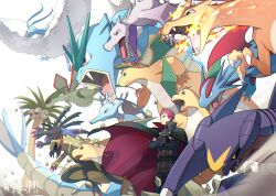 Rule 34 | 1boy, aerodactyl, alolan exeggutor, alolan form, altaria, belt, black cape, cape, charizard, closed mouth, commentary request, creatures (company), crossed arms, dragonite, floating cape, flygon, game freak, garchomp, gen 1 pokemon, gen 2 pokemon, gen 3 pokemon, gen 4 pokemon, gen 5 pokemon, gen 7 pokemon, gyarados, haxorus, hydreigon, jacket, kingdra, lance (pokemon), long sleeves, male focus, nintendo, pants, pokemon, pokemon (creature), pokemon hgss, red hair, rock, salamence, short hair, smile, spiked hair, standing, twitter username, watermark, white background, y (036 yng)