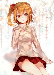 Rule 34 | 1girl, bad id, bad pixiv id, breasts, chocoan, cleavage cutout, clothing cutout, hand on own chest, heart, heart necklace, kagerou project, kisaragi momo, looking at viewer, matching hair/eyes, meme attire, necklace, open-chest sweater, orange eyes, orange hair, ribbed sweater, short hair, side ponytail, sitting, skirt, small breasts, solo, sweater, turtleneck