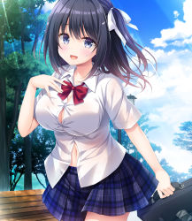 Rule 34 | 1girl, :d, bag, bench, black hair, blue skirt, blue sky, breasts, bursting breasts, button gap, cleavage, collared shirt, dakikano, day, grey eyes, hair ribbon, highres, kousaka minamo, kujou danbo, lamppost, lens flare, long hair, looking at viewer, navel, no bra, official art, open mouth, outdoors, park bench, plaid, plaid skirt, pleated skirt, ribbon, school bag, school uniform, shirt, skirt, sky, smile, solo, standing, tree, unbuttoned, unbuttoned shirt, white shirt