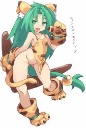 Rule 34 | 1girl, animal ears, animal hands, animal print, bare shoulders, blush, boomerang, breasts, cham cham, cleft of venus, collarbone, commentary request, contrapposto, eyelashes, fang, gloves, green eyes, green hair, groin, hair ornament, highres, holding, karukan (monjya), long hair, looking at viewer, low-tied long hair, open mouth, parted bangs, paw gloves, paw shoes, pussy, samurai spirits, shoes, simple background, small breasts, solo, standing, star (symbol), tail, tiger ears, tiger girl, tiger print, tiger tail, translation request, very long hair, white background