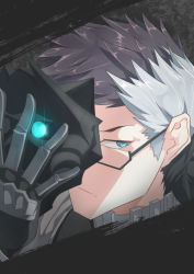 Rule 34 | 1boy, arka91, black hair, blue eyes, fate/grand order, fate (series), glasses, gloves, grey hair, looking to the side, male focus, mask, unworn mask, multicolored hair, sigurd (fate), solo, two-tone hair