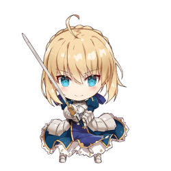 Rule 34 | 1girl, ahoge, armor, armored boots, armored dress, artoria pendragon (all), artoria pendragon (fate), blonde hair, blue dress, blue eyes, blue ribbon, boots, braid, chibi, crown braid, dress, excalibur (fate/stay night), fate/stay night, fate (series), full body, gabiran, gauntlets, hair between eyes, hair ribbon, holding, holding sword, holding weapon, looking at viewer, lowres, ribbon, saber (fate), short hair with long locks, sidelocks, simple background, smile, solo, standing, sword, weapon, white background
