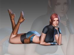 Rule 34 | 1girl, ass, audia pahlevi, bike shorts, breasts, capcom, claire redfield, crop top, denim, denim shorts, fingerless gloves, gloves, large breasts, legs up, looking at viewer, lying, on stomach, red hair, resident evil, resident evil 2, shorts, solo