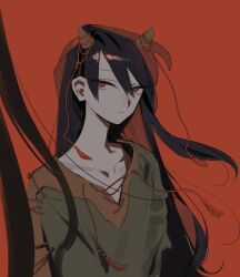 Rule 34 | 1girl, black hair, brown horns, closed mouth, commentary, expressionless, flat chest, furuuchi, green shirt, hair between eyes, highres, horn ornament, horns, long bangs, long hair, looking at viewer, nippaku zanmu, red background, red eyes, shirt, simple background, small horns, solo, touhou, upper body, very long hair