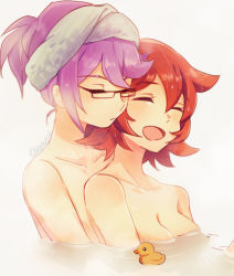 Rule 34 | bath, bathing, bathroom, breasts, cleavage, collarbone, croix meridies, glasses, happy, hug, hug from behind, little witch academia, neck, nonoka917, nude, open mouth, purple hair, red hair, rubber duck, same-sex bathing, shared bathing, shiny chariot, smile, towel, towel on head, tub, water, white background, yuri
