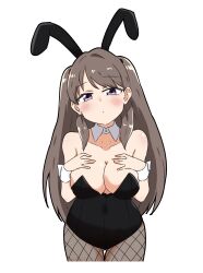 Rule 34 | 1girl, absurdres, animal ears, black leotard, blush, breast suppress, breasts, brown hair, check commentary, cleavage, collar, collarbone, commentary request, cropped legs, fake animal ears, fishnet pantyhose, fishnets, fujishima megumi, gluteal fold, highres, kanzaki gou, large breasts, leotard, link! like! love live!, long hair, looking at viewer, love live!, pantyhose, playboy bunny, puckered lips, purple eyes, rabbit ears, simple background, solo, strapless, strapless leotard, swept bangs, thigh gap, two side up, virtual youtuber, white background, white collar, white wrist cuffs, wrist cuffs