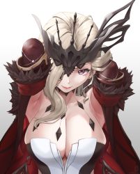 Rule 34 | 1girl, absurdres, armpits, arms up, blonde hair, blush, breasts, cleavage, earrings, elbow gloves, female focus, fur trim, genshin impact, gloves, hair ornament, highres, huge breasts, jacket, jewelry, large breasts, lipstick, looking at viewer, makeup, open clothes, open jacket, padoruu, pov, presenting, presenting armpit, purple eyes, signora (genshin impact), smile, solo, upper body
