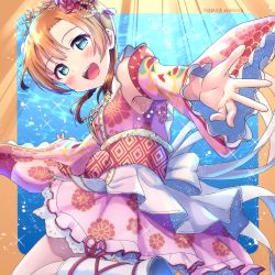 Rule 34 | 1girl, artist name, artist request, b.ren, back bow, bare legs, bare shoulders, blue eyes, blush, bow, double bun, female focus, floral print, flower, flower print, hair between eyes, hair bun, hair flower, hair ornament, highres, japanese clothes, kimono, kosaka honoka, long sleeves, looking at viewer, love live!, love live! school idol festival, love live! school idol festival all stars, love live! school idol project, orange hair, parted lips, pink kimono, pink skirt, platform footwear, red flower, red ribbon, ribbon, ribbon-trimmed legwear, ribbon trim, sandals, side ponytail, skirt, smile, solo, tiara, white bow, white legwear