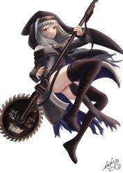 Rule 34 | 1girl, absurdres, arknights, black footwear, black shirt, black thighhighs, boots, circular saw, full body, grey hair, hat, highres, holding, holding weapon, long hair, looking at viewer, red eyes, saw, shirt, signature, simple background, solo, specter (arknights), superbeek4, thighhighs, thighs, weapon, white background