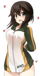 Rule 34 | 1girl, black hair, breasts, collarbone, cowboy shot, dated, green jacket, grey eyes, hayasui (kancolle), heart, highres, jacket, kantai collection, looking at viewer, medium breasts, multicolored clothes, multicolored jacket, no pants, one-hour drawing challenge, open mouth, panties, pantyshot, round teeth, short hair, simple background, smile, solo, standing, takase muh, teeth, track jacket, twitter username, underwear, upper teeth only, white background, white panties