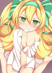 Rule 34 | 1girl, absurdres, barefoot, blazblue, blonde hair, blush, bottomless, condom, condom in mouth, condom wrapper, convenient censoring, flat chest, from above, godharo1, green eyes, hairband, highres, long hair, looking up, mouth hold, navel, off shoulder, open clothes, open shirt, platinum the trinity, quad tails, ribbon, shirt, sitting, solo, very long hair