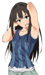 Rule 34 | 10s, 1girl, arm up, armpits, black hair, earrings, green eyes, highres, idolmaster, idolmaster cinderella girls, jewelry, long hair, looking at viewer, mouth hold, shibuya rin, simple background, smile, solo, striped, sweat, tank top, vertical stripes, white background, yoshiki360