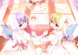 Rule 34 | 2girls, alternate costume, ascot, back cutout, bad id, bad pixiv id, bat wings, blonde hair, blue hair, bow, cake, chewing, clothing cutout, couch, cup, dress, feeding, flandre scarlet, food, food on face, fork, frilled dress, frilled sleeves, frills, from behind, hair between eyes, hair ribbon, light, looking at viewer, looking back, looking up, multiple girls, open mouth, pink dress, plate, pointy ears, pudding, red eyes, remilia scarlet, ribbon, sandwich, sash, shnva, short hair, short sleeves, siblings, side ponytail, sisters, sitting, spoon, table, tablecloth, teacup, touhou, wings, wristband