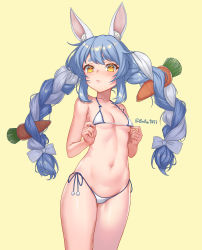 Rule 34 | 1girl, absurdres, animal ear fluff, animal ears, areola slip, bare arms, bare shoulders, bikini, birkai, blue hair, blush, braid, breasts, carrot, carrot hair ornament, collarbone, commentary request, cowboy shot, food-themed hair ornament, groin, hair ornament, hands up, highres, hololive, long hair, looking at viewer, micro bikini, multicolored hair, navel, rabbit ears, side-tie bikini bottom, simple background, small breasts, solo, standing, stomach, swimsuit, twin braids, twitter username, two-tone hair, usada pekora, virtual youtuber, white bikini, white hair, yellow background