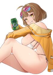 Rule 34 | 1girl, ahoge, ajidot, anis (nikke), anis (sparkling summer) (nikke), bare shoulders, bikini, breasts, brown hair, can, commentary request, drink can, eyewear on head, from side, goddess of victory: nikke, grin, holding, holding can, jacket, korean commentary, large breasts, long sleeves, looking at viewer, off shoulder, open clothes, open jacket, short hair, simple background, sitting, smile, soda can, solo, strapless, strapless bikini, sunglasses, swimsuit, thick thighs, thighs, white background, white bikini, yellow eyes, yellow jacket