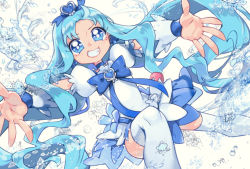 Rule 34 | 1girl, blue bow, blue choker, blue eyes, blue hair, blue skirt, blue theme, bow, brooch, choker, cure marine, earrings, flower earrings, grin, hair ornament, heart, heart brooch, heart hair ornament, heartcatch precure!, jewelry, kurumi erika, long hair, looking at viewer, magical girl, outstretched arms, pouch, precure, puffy sleeves, simple background, skirt, smile, solo, spread arms, taki (tkai40), thighhighs, water, white background, white thighhighs, wrist cuffs