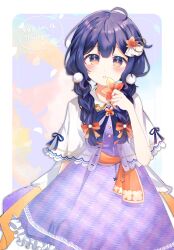 Rule 34 | 1girl, 9-ri, :o, absurdres, ahoge, blue eyes, blue hair, blue ribbon, border, bow, bracelet, braid, brooch, capelet, commission, cowboy shot, dark blue hair, double-parted bangs, dress, empire waist, frilled dress, frills, hair bow, hair ornament, highres, hiiro momiji, indie virtual youtuber, jewelry, leaf, leaf hair ornament, long hair, looking at viewer, maple leaf, multicolored background, multicolored eyes, neck ribbon, orange bow, orange eyes, orange sash, outside border, peter pan collar, plaid, plaid dress, pom pom (clothes), pom pom hair ornament, purple dress, ribbon, sash, skeb commission, smile, solo, standing, twin braids, virtual youtuber, white border, white capelet