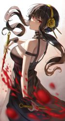 Rule 34 | 1girl, absurdres, bare shoulders, black dress, black gloves, black hair, blood, bloody weapon, breasts, closed mouth, dagger, dress, dual wielding, earrings, fingerless gloves, floating hair, flower, from side, gloves, gold earrings, gold hairband, hair flower, hair ornament, hairband, highres, holding, holding dagger, holding knife, holding weapon, jewelry, knife, large breasts, long hair, looking at viewer, red eyes, rose, solo, spy x family, superpig, weapon, yor briar
