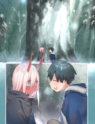 Rule 34 | 10s, 1boy, 1girl, bandages, black cloak, black hair, blue capelet, blush, bomhat, capelet, child, cloak, colored sclera, colored skin, comic, commentary, couple, darling in the franxx, english commentary, closed eyes, eyes visible through hair, fur, fur capelet, fur trim, green eyes, hand on own knee, hetero, highres, hiro (darling in the franxx), hood, hooded cloak, horns, long hair, looking at another, oni horns, parka, pink hair, red horns, red pupils, red sclera, red skin, seiza, short hair, sitting, snow, snowing, tree, zero two (darling in the franxx)