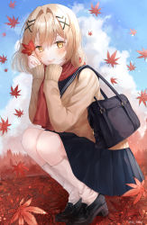 Rule 34 | 1girl, absurdres, alchemy stars, alternate costume, autumn, autumn leaves, bad id, bad pixiv id, bag, bling (epvc5242), blonde hair, blush, cloud, commentary, full body, hair intakes, hair ornament, handbag, highres, leaf, lips, loafers, long sleeves, looking at viewer, maple leaf, medium hair, outdoors, pleated skirt, scarf, shoes, signature, skirt, sky, smile, socks, solo, squatting, sweater, twitter username, uniform, vice (alchemy stars), white socks, yellow eyes