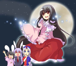 4girls animal_ears black_hair rabbit_ears female_focus houraisan_kaguya inaba_tewi maki_(maki88) moon multiple_girls open_mouth outdoors reisen_udongein_inaba sitting sky standing touhou yagokoro_eirin