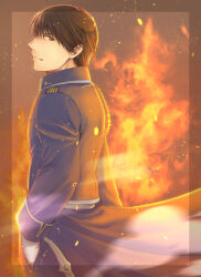 Rule 34 | 1boy, black hair, blue jacket, closed mouth, collared jacket, facing to the side, fire, fullmetal alchemist, gloves, hand in pocket, jacket, light particles, looking at viewer, male focus, military jacket, outline, roy mustang, short hair, solo, tsuki oto sena, upper body, white gloves